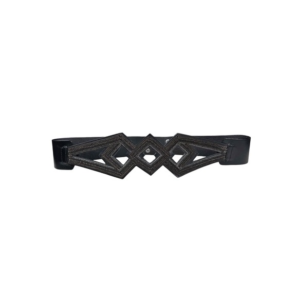 DIESEL Black Wide Leather‎ Belt Geometric Cut Out 100% Cow Leather Sz 90 cm